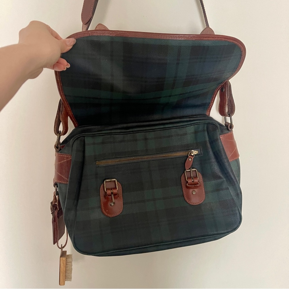 Vintage Polo Ralph Lauren Green tartan plaid leather messenger crossbody bag - Picture 3 of 12